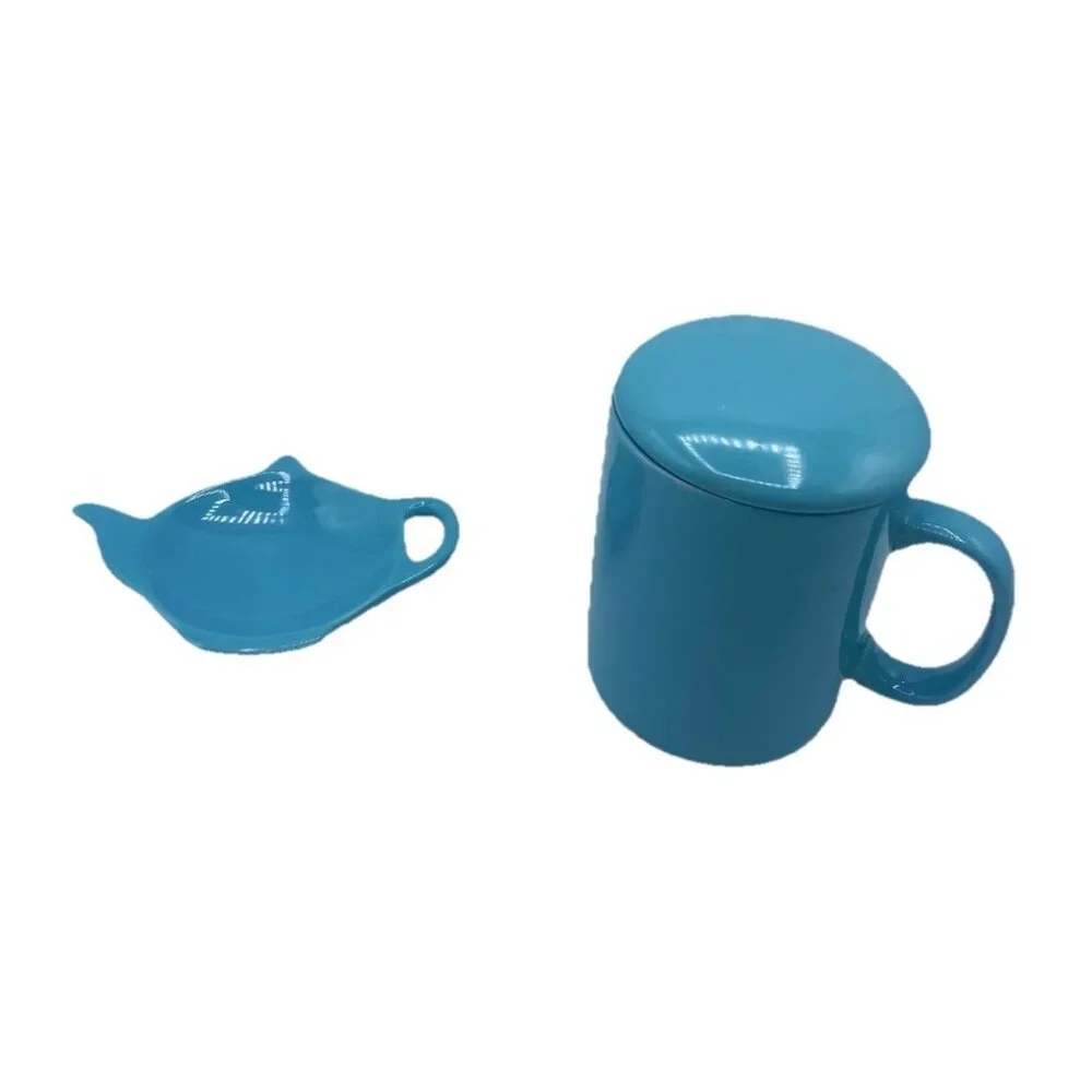 OmniWare Coffee Tea Mug With Lid Teapot Shaped Dish Blue Turquoise Minimalist